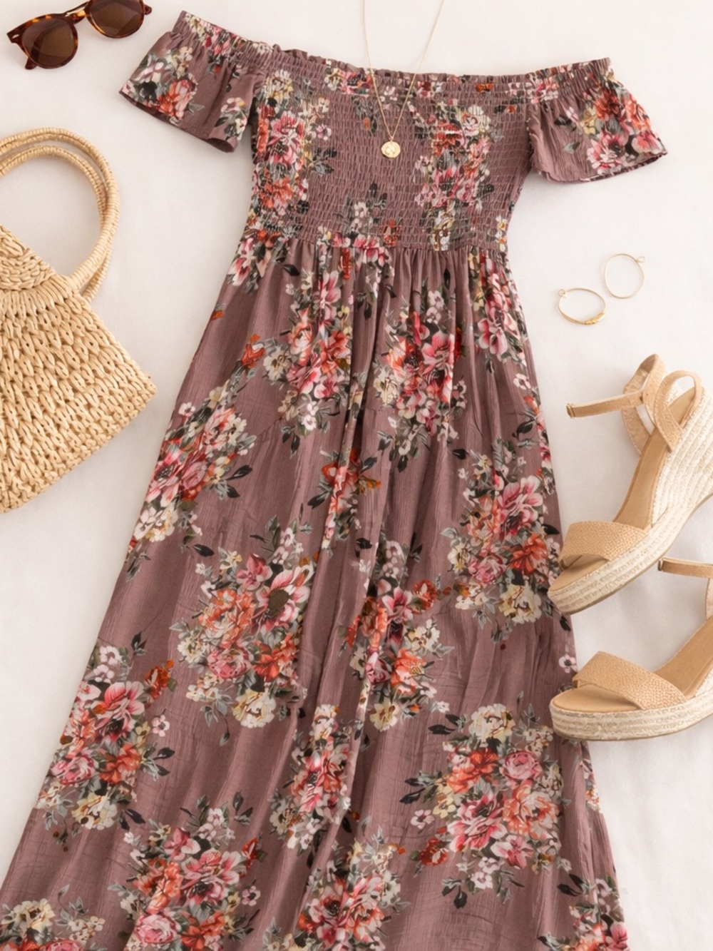 Off Shoulder Floral Maxi Dress | Smocked Boho Maxi | Mauve Pink | Size M